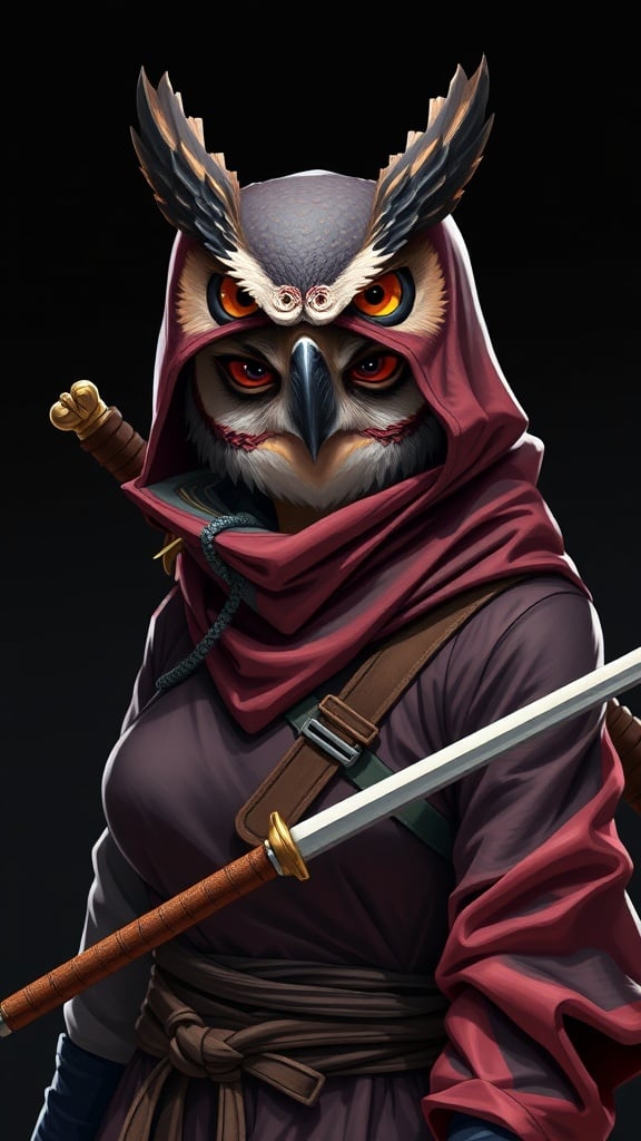 A striking digital artwork depicting a warrior with an owl motif. The character wears a deep red hooded cloak and has the distinct facial features of an owl, complete with large eyes and intricate feather details. A sheathed sword is slung across the shoulder, enhancing the image's mysterious and adventurous tone.