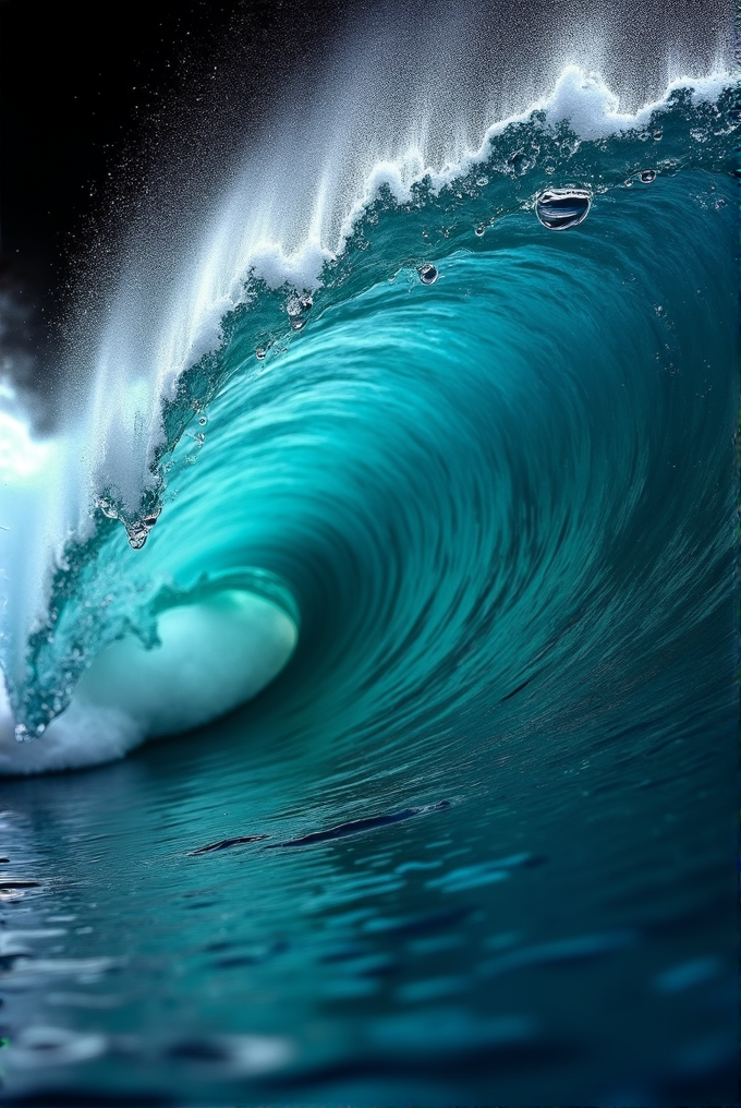 A powerful, turquoise ocean wave gracefully curls over, capturing dynamic motion and foam details against a dark background.