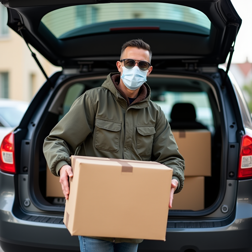 A person wearing a mask and sunglasses carries a box from the back of a vehicle filled with packages.