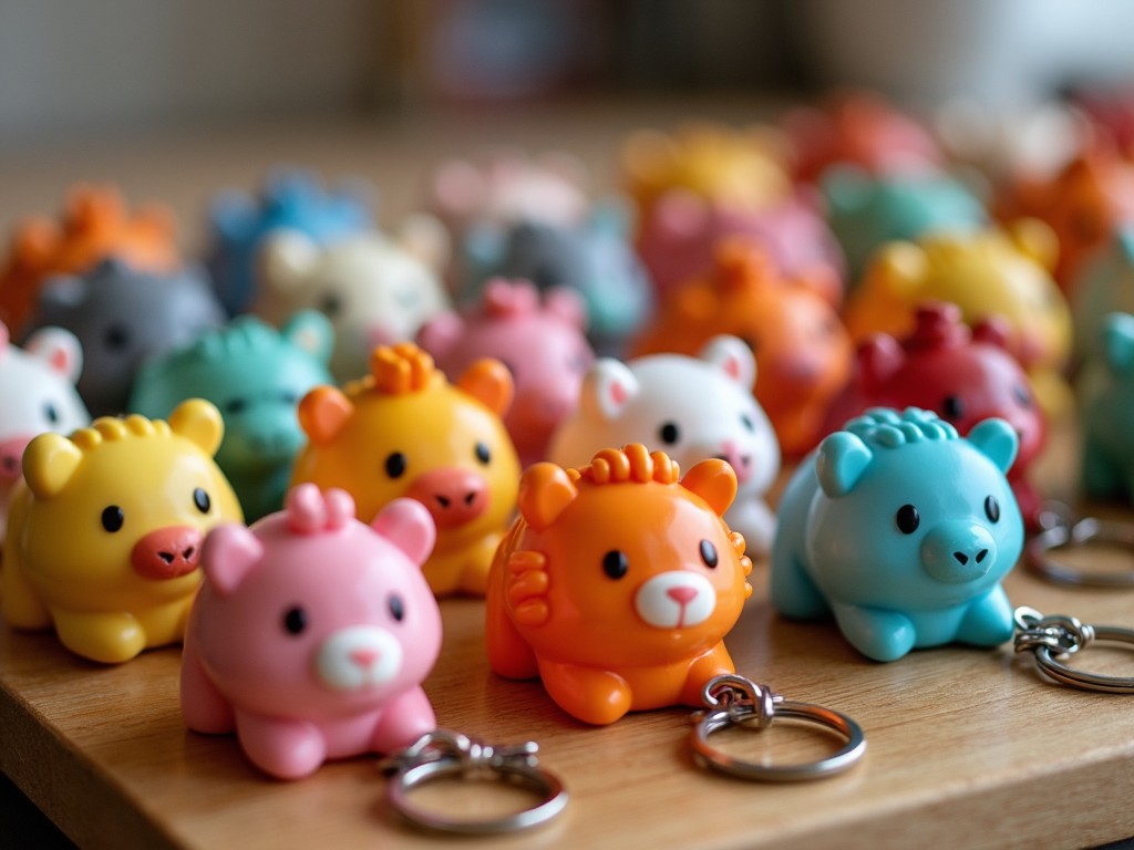 a collection of colorful, cute animal-shaped keychains arranged on a wooden surface