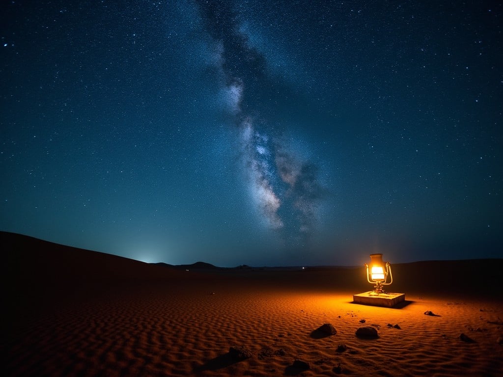 A serene night desert scene with a glowing lantern on the sand, under a star-filled sky and the Milky Way in the background.