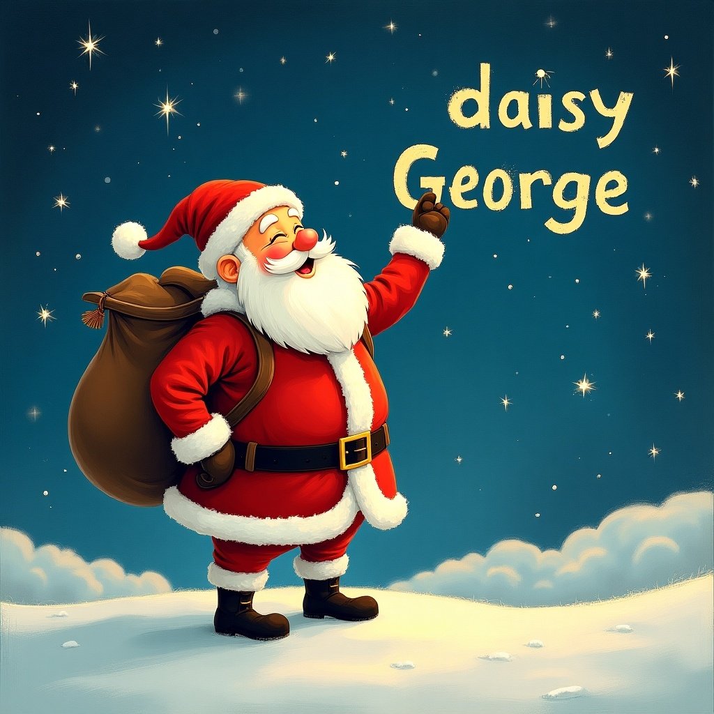 This illustration features Santa Claus joyfully pointing at the night sky. He is dressed in his traditional red suit with a big smile. Above him, the names 'poppy', 'daisy', and 'George' are written in the stars. The background is a beautiful starry night, enhancing the festive feel. Santa appears very cheerful and inviting, perfect for children and family-themed holiday designs.