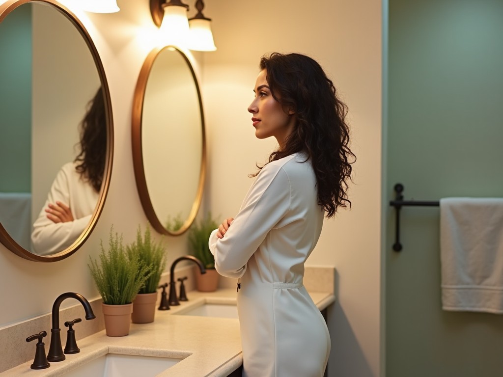 The image shows a woman standing in a modern bathroom, appearing contemplative. She is dressed in a stylish white outfit, with curly hair cascading down her shoulders. The scene is illuminated by warm, soft lighting that creates a calm atmosphere. Mirrors on the wall reflect her profile and add depth to the space. Potted plants adorn the countertop, contributing to the clean and serene aesthetic of the bathroom.