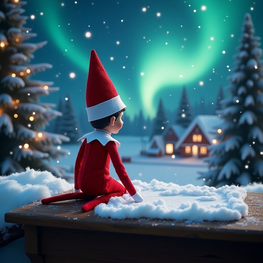 In this enchanting scene, a charming Elf on the Shelf sits on a wooden ledge, joyfully writing names on a fluffy white cloth. Dressed in a classic red outfit with a white collar and a pointy hat, the elf exudes cheerfulness against a backdrop of soft, falling snowflakes. The sky glows with the mesmerizing Northern Lights, casting a magical light over the snowy landscape. A cozy village can be seen in the distance, framed by snow-covered trees, creating a whimsical winter atmosphere. The ambiance is filled with holiday joy, making it perfect for a children's Christmas theme.