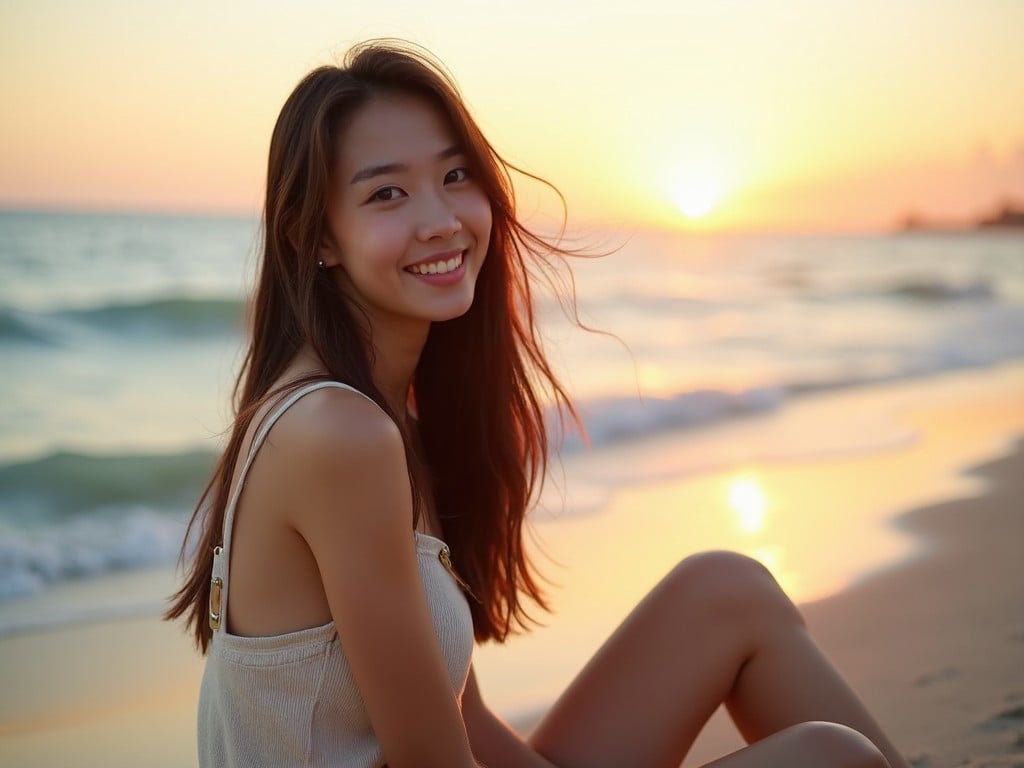 A young woman sitting on a beach during sunset, smiling at the camera.