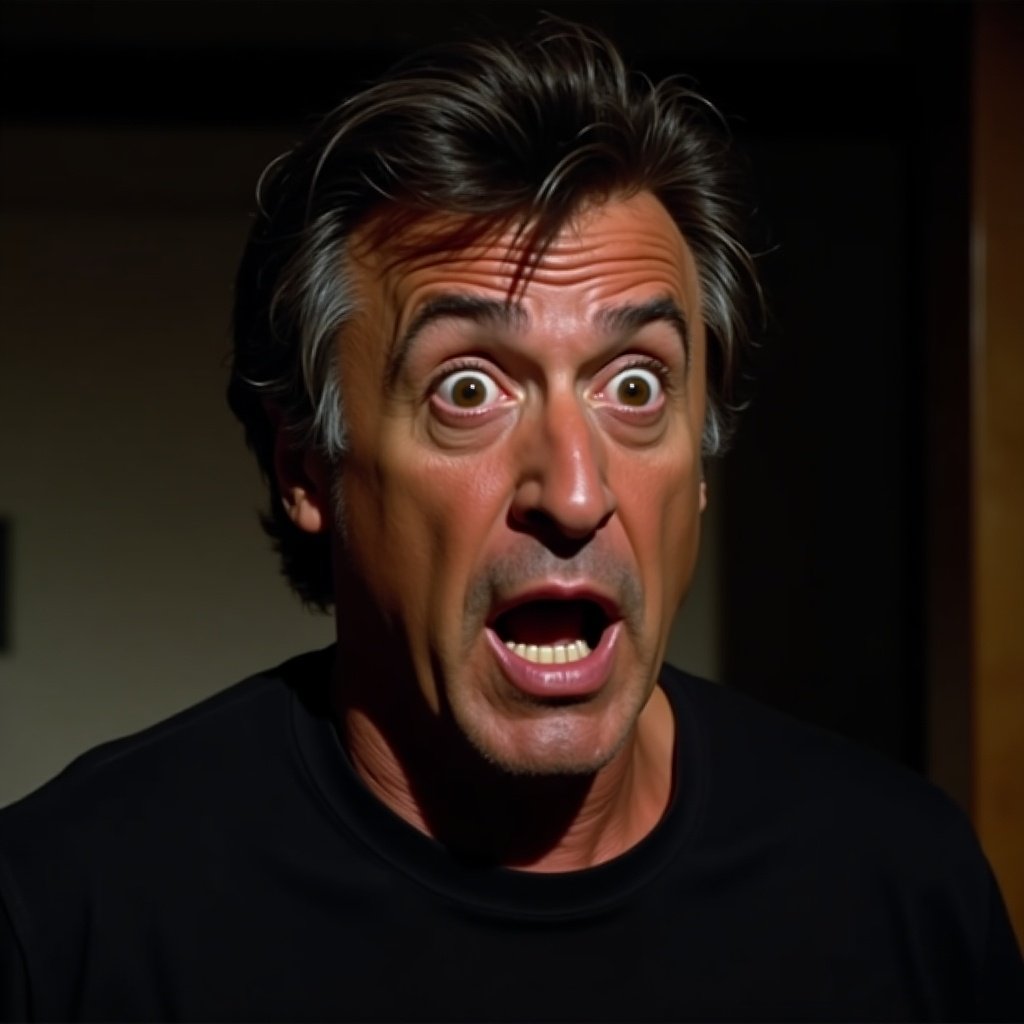 This image shows a man with a shocked expression on his face. He has dark hair and is wearing a black shirt. His eyes are wide open, conveying a sense of surprise or disbelief. The lighting emphasizes the contours of his face, making his expression more dramatic. The background is not in focus, drawing attention to his facial expression.