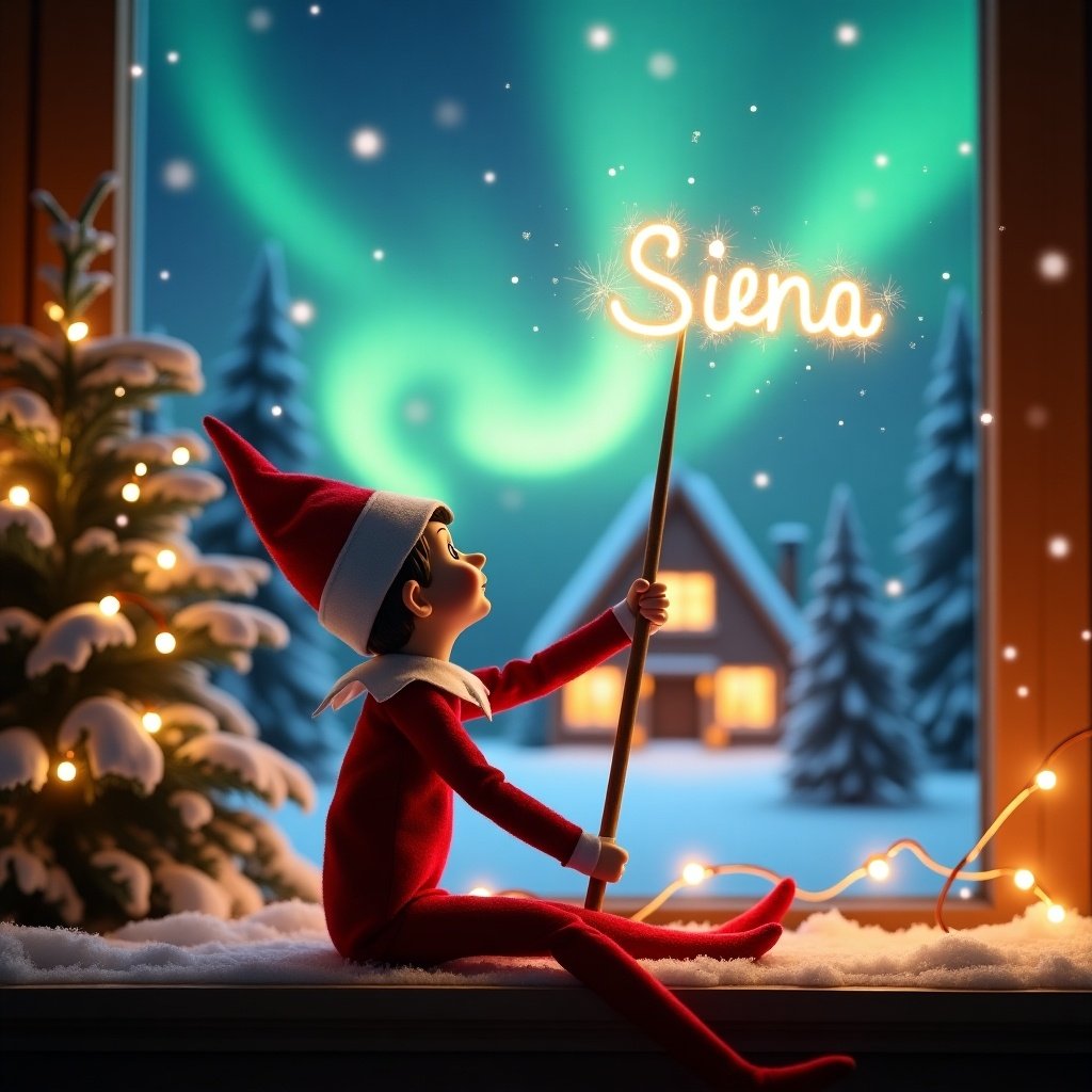 An elf on the shelf sits with its back to the viewer, gazing skyward. It holds a glowing wand that emits sparkling light. The background showcases a charming Christmas scene with colorful northern lights swirling above. In the distance, a cozy house can be seen, decorated for the holidays. Snow covers the ground, adding to the winter atmosphere. The elf is in a playful position, embodying the spirit of magic and wonder associated with Christmas. The name 'Siena' is written in the air using the wand, creating a sense of holiday cheer.