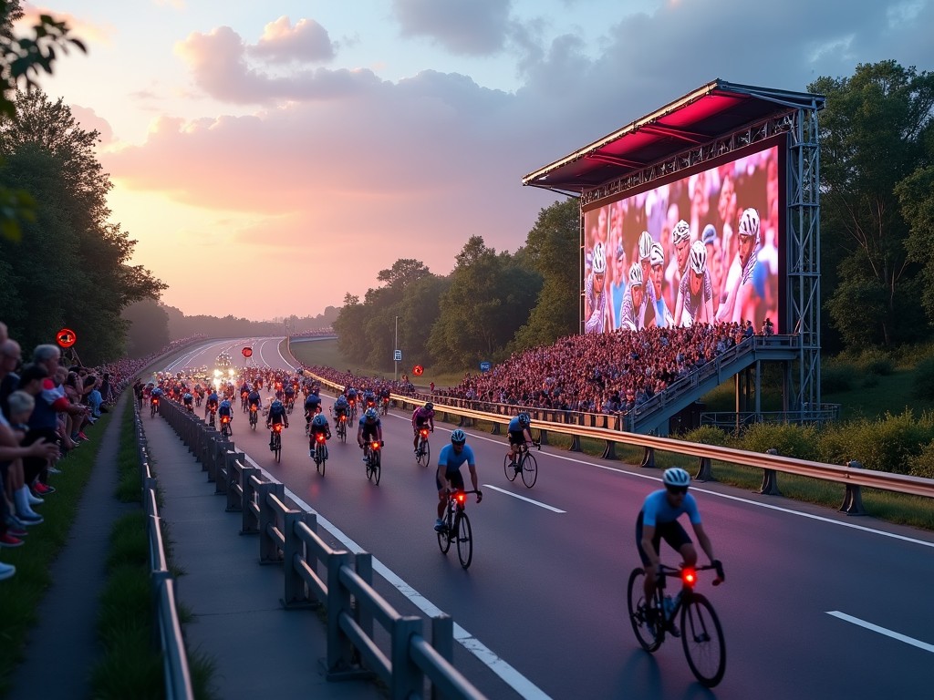 The image depicts a dynamic cycling event taking place on a highway during sunset. A large screen showcases images of cyclists, creating an engaging atmosphere. The road is lined with spectators cheering on the cyclists. Bright colors dominate the scene, with the sunset adding a warm glow. The cyclists are focused and in motion, while the crowd appears excited and supportive.