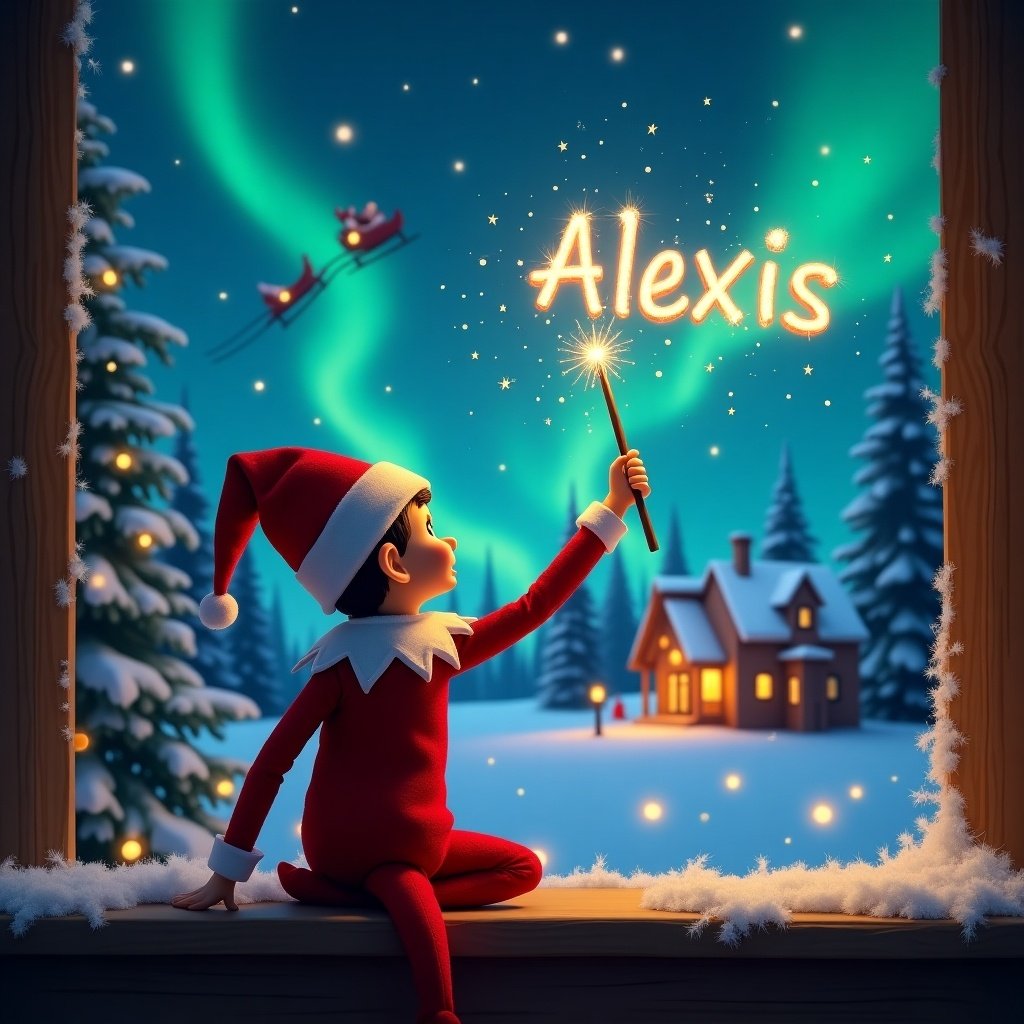 This magical Christmas scene features an adorable elf from the popular 'Elf on the Shelf' concept, seated on a snowy ledge with his back to the viewer. The elf gazes up at the starry sky, holding a wand that sparkles as he writes 'Alexis' in the night sky. In the background, vibrant northern lights dance across the winter night, creating a joyful atmosphere. A cozy cabin glows warmly in the distance, while Santa and his sleigh can be seen flying joyfully across the night sky. This heartwarming image radiates the spirit of Christmas, making it perfect for the holiday season.