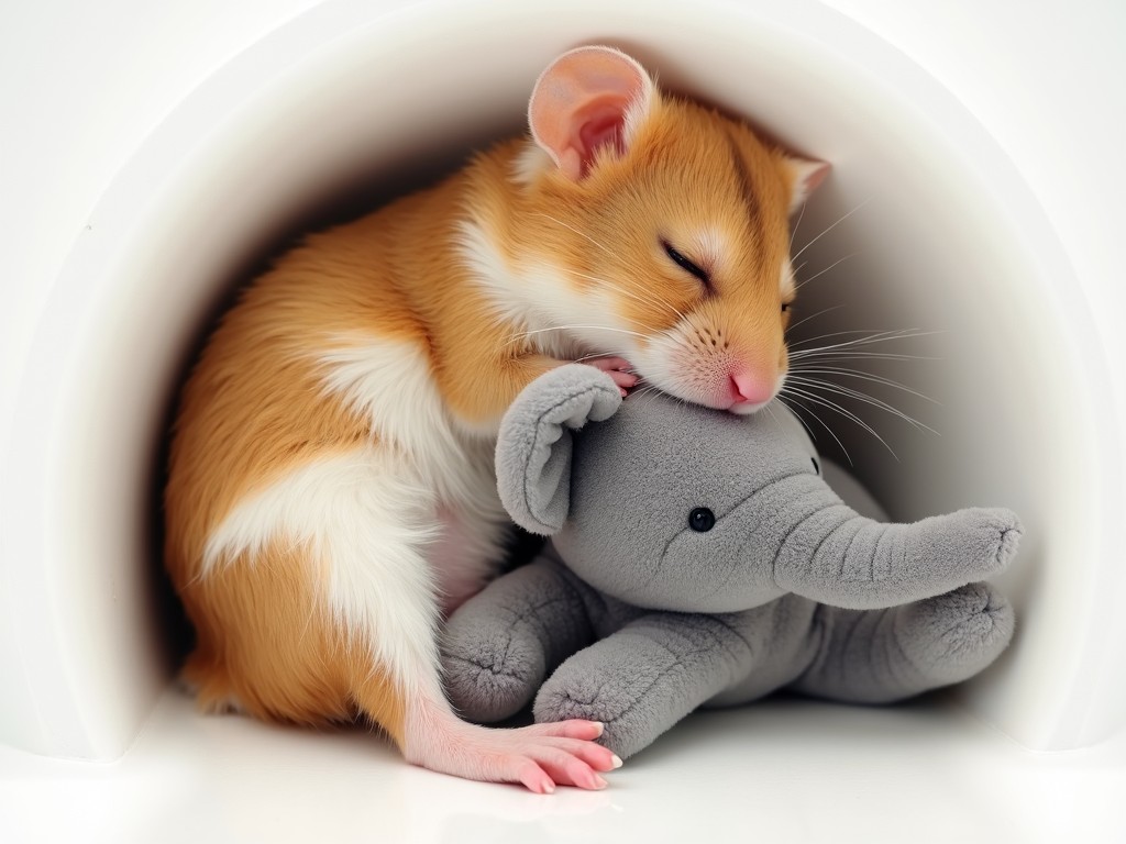 A small hamster sleeping inside a white tube, cuddling a grey elephant plush toy. The image is well-lit and captures a sense of tranquility and tenderness.