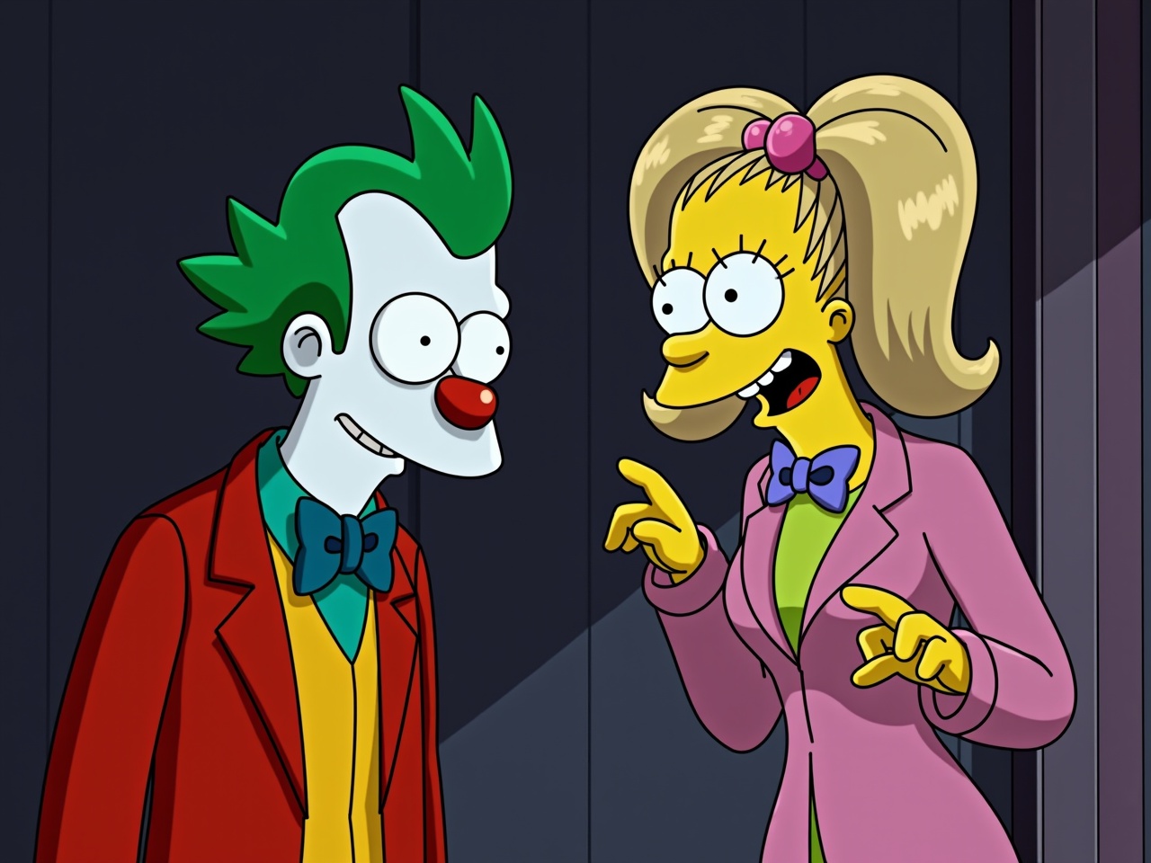 The image features Krusty the Clown from The Simpsons and Edna Krabappel. They're styled similarly to the Joker and Lady Gaga, adding a humorous twist to the classic characters. Krusty has vibrant green hair and a clown nose, while Krabappel is styled with a pink outfit and a playful demeanor. The setting suggests a theatrical scene, with bright colors and stylized expressions. This parody captures the essence of both characters in a fun, engaging way.