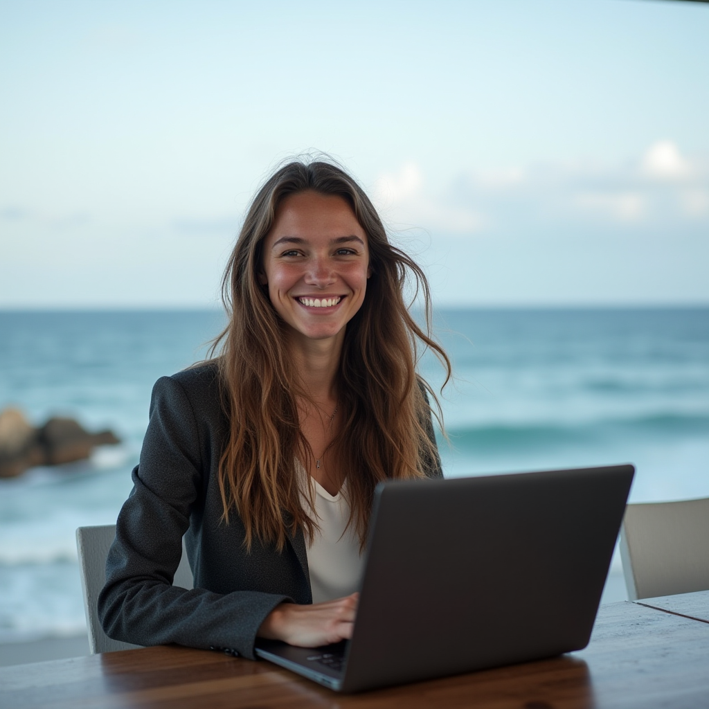 A woman smiles while using a laptop at a table with an ocean view.