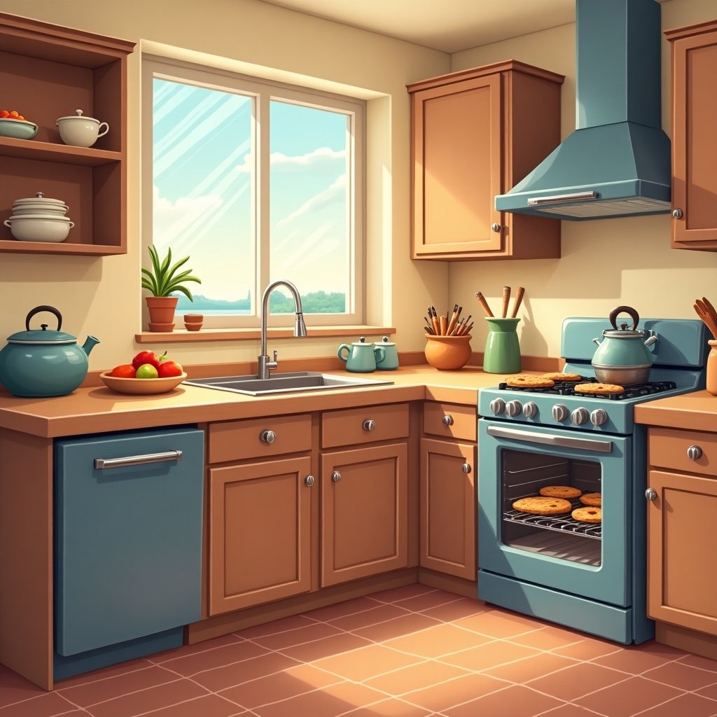 This image depicts a warm and inviting kitchen scene in a cartoon style. The cabinets are a soft orange-brown, and a blue stove sits prominently in the corner. Cookies are baking in the oven, filling the room with a delightful aroma. A bowl of fresh fruits sits on the counter, enhancing the homely feel. Natural light streams in through a window, brightening the cheerful atmosphere. This kitchen embodies warmth and comfort, perfect for family gatherings and baking sessions.