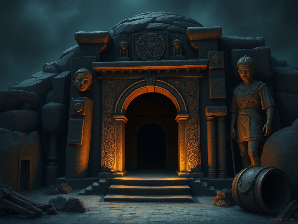 A mysterious ancient stone entrance is depicted illuminated by an eerie orange glow. The facade is adorned with intricate carvings and flanked by large, stoic statues representing figures from a lost civilization. The cloudy sky adds a dramatic backdrop, enhancing the mystical and foreboding atmosphere of this archaeological site.