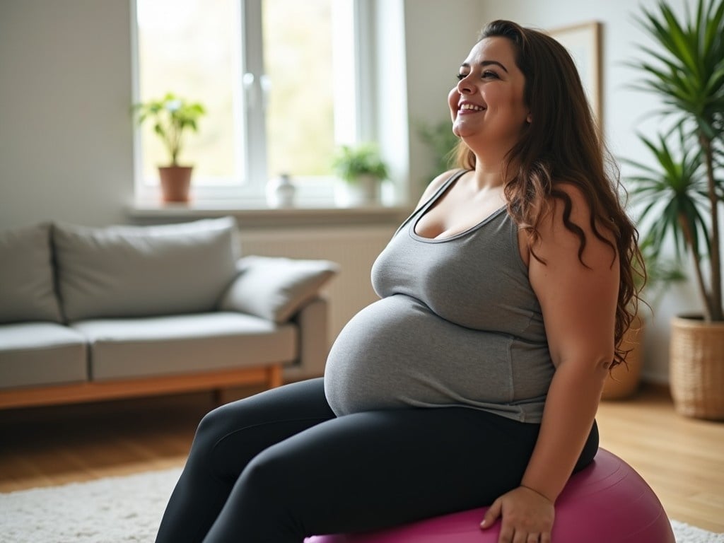 A woman with an overweight figure sits comfortably on a yoga ball. She has long, flowing hair and is wearing a fitted top and leggings. The setting is a cozy living room filled with natural light, with light-colored walls and wooden furniture. There is a sofa in the background, along with plants and decorations adding a homey feel. The woman appears relaxed and content, enjoying her time in the space.