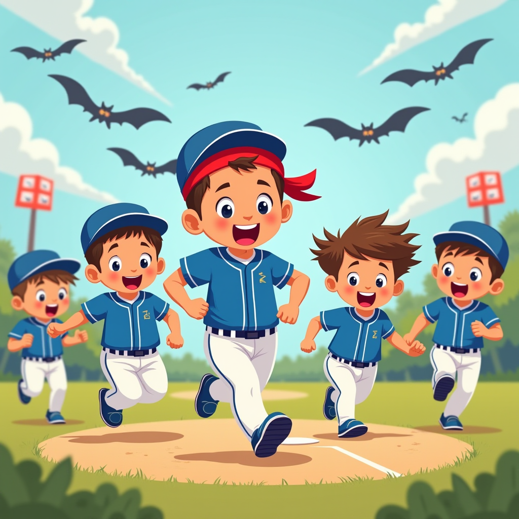 A group of animated children in baseball uniforms running joyfully with bats flying overhead.