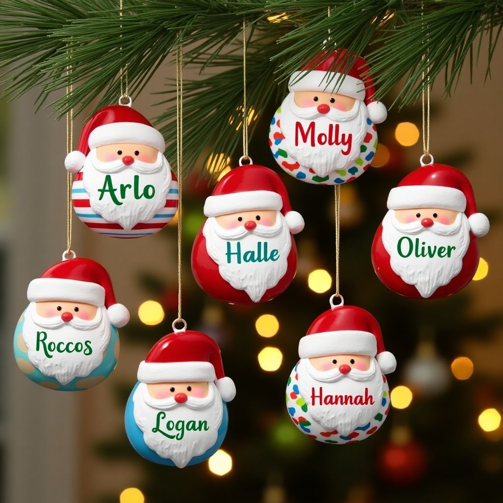 This image showcases a collection of Santa-themed baubles hanging from a Christmas tree branch. Each bauble features a cheerful Santa face and is inscribed with different names. The names include 'Arlo', 'Molly', 'Oliver', 'Halle', 'Rocco', 'Logan', and 'Hannah'. The baubles are colorful with red hats and a mix of patterns. The warm lighting enhances the festive atmosphere, making it a perfect decoration for the holiday season. These personalized ornaments are ideal for families celebrating Christmas together.