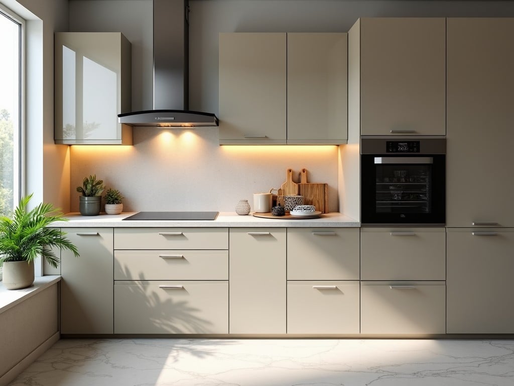 A sleek and modern kitchen interior with light beige cabinetry, under-cabinet lighting, and stainless steel appliances. Large windows offer natural light, and indoor plants add a touch of greenery.