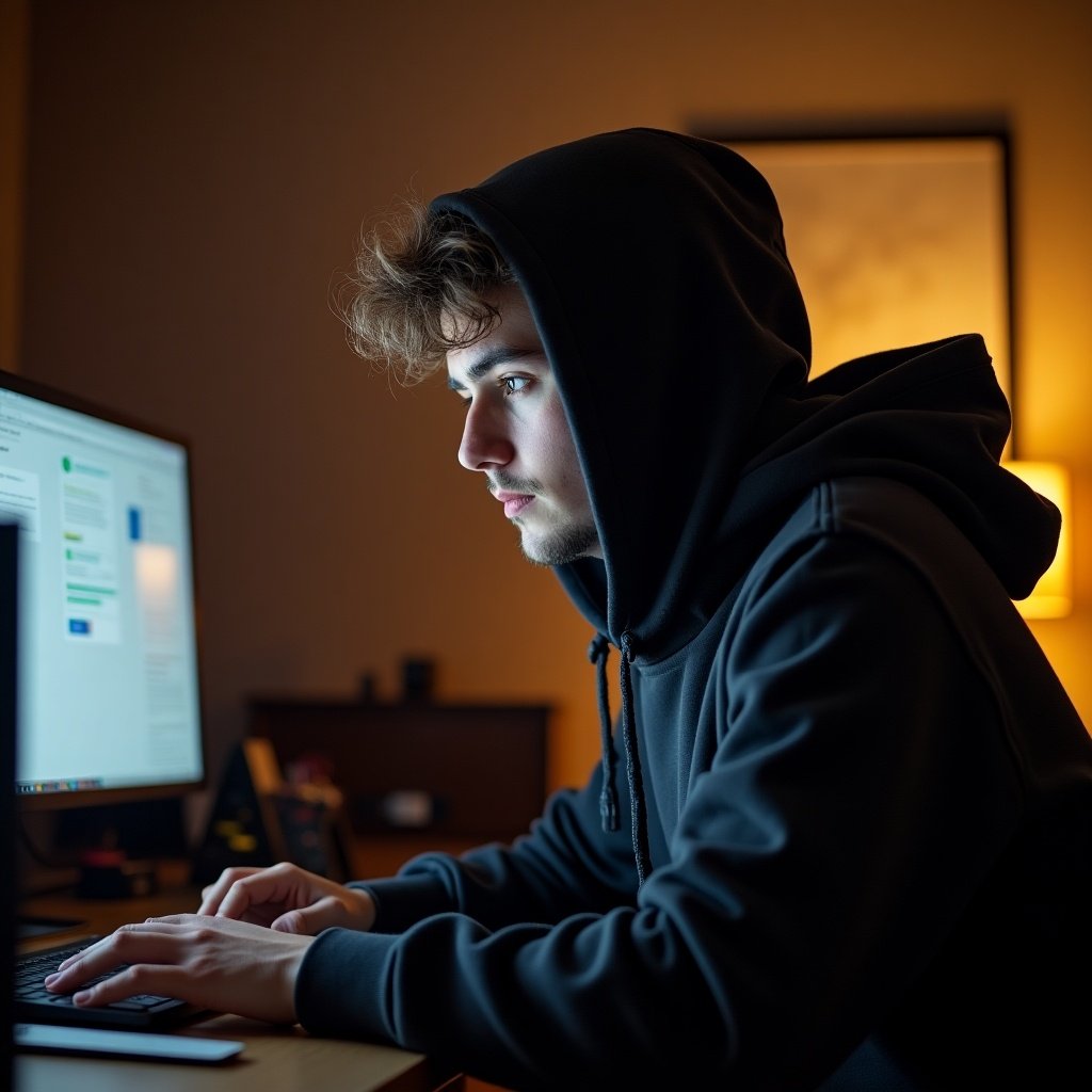 A young person sits focused in front of a computer screen. They are wearing a black hoodie and have tousled hair. The setting is dimly lit, with a warm lamp casting a glow. The individual appears to be engaged in some form of digital activity, perhaps working or gaming. The atmosphere is cozy yet concentrated, highlighting the intersection of youth and technology.