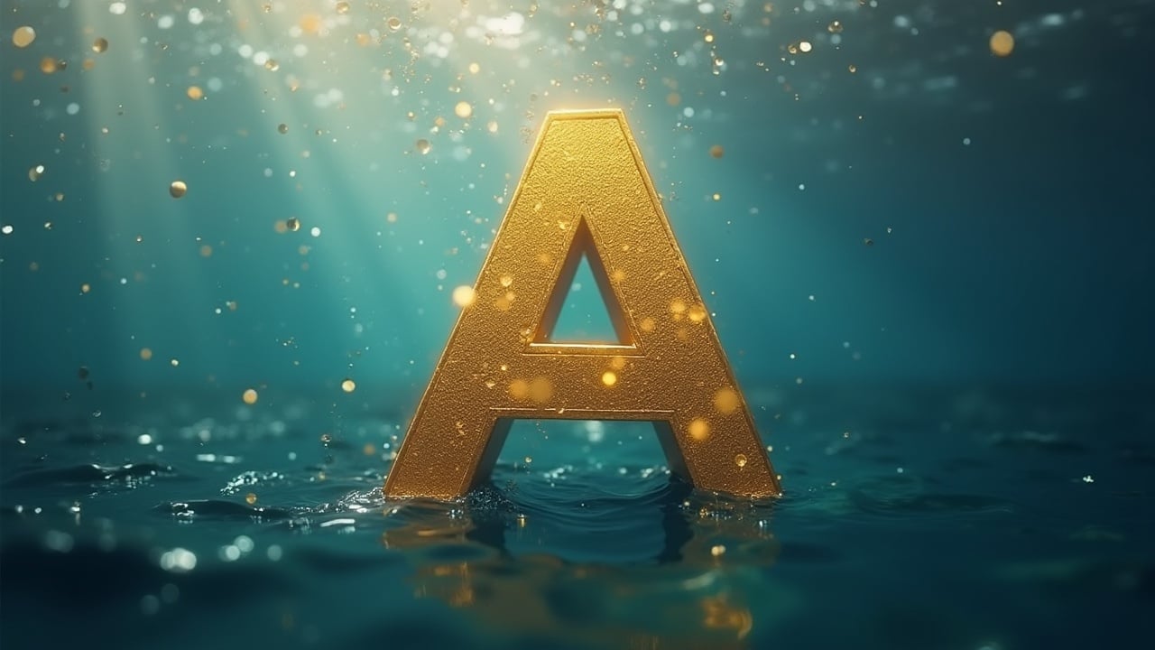 A golden letter 'A' emerging from sparkling water, illuminated by soft ambient light, surrounded by abstract sparkles, underwater theme, modern art design.