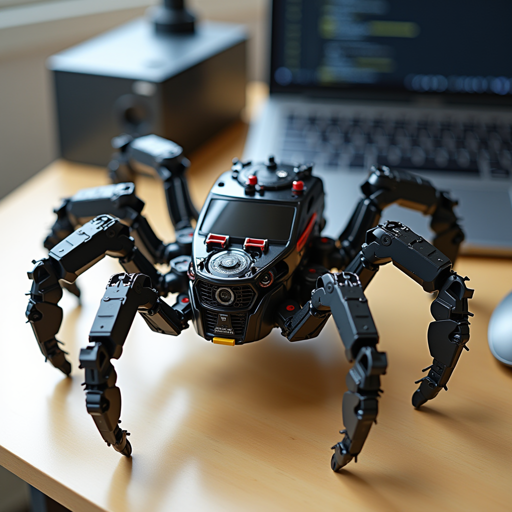 A robotic spider sits on a desk near a laptop and speaker, showcasing advanced technology.