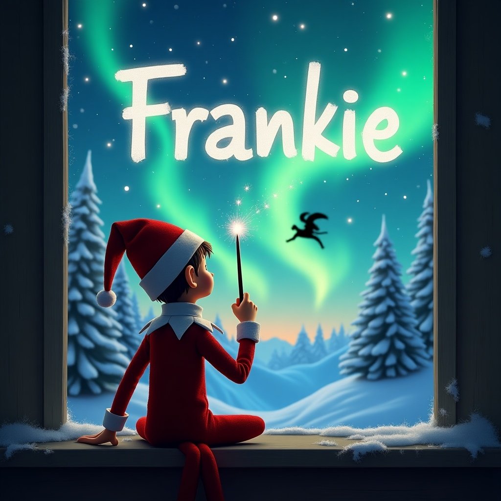 This image features an elf on the shelf with his back to the viewer, gazing up at the sky. The elf is using a magic wand to write the name 'Frankie' in glowing letters against a beautiful backdrop. The background showcases a magical Christmas scene with vibrant northern lights illuminating the snowy landscape. Tall, snow-covered pine trees frame the scene, while a silhouette of Santa can be seen in the distance. The overall mood is enchanting and festive, perfect for the holiday season.