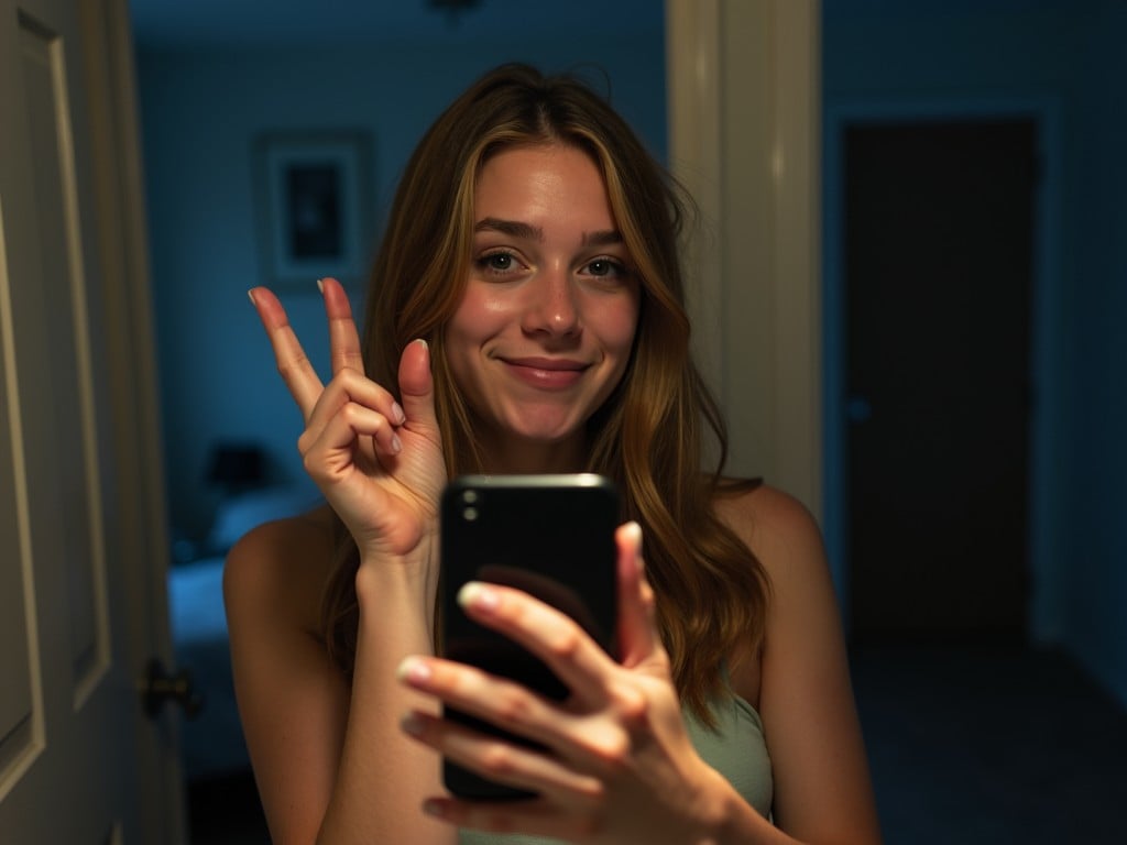 Create an image of a young person making a thumbs-up hand sign with one hand. The person should have the same face and makeup as in the original photo. It's nighttime, and the photo is taken in a bathroom using a front-facing camera. The person should hold the phone up towards a light source, illuminating their features. The background should show a dark bedroom visible through an open bathroom door. The image should be in portrait orientation, with a 16:9 aspect ratio.