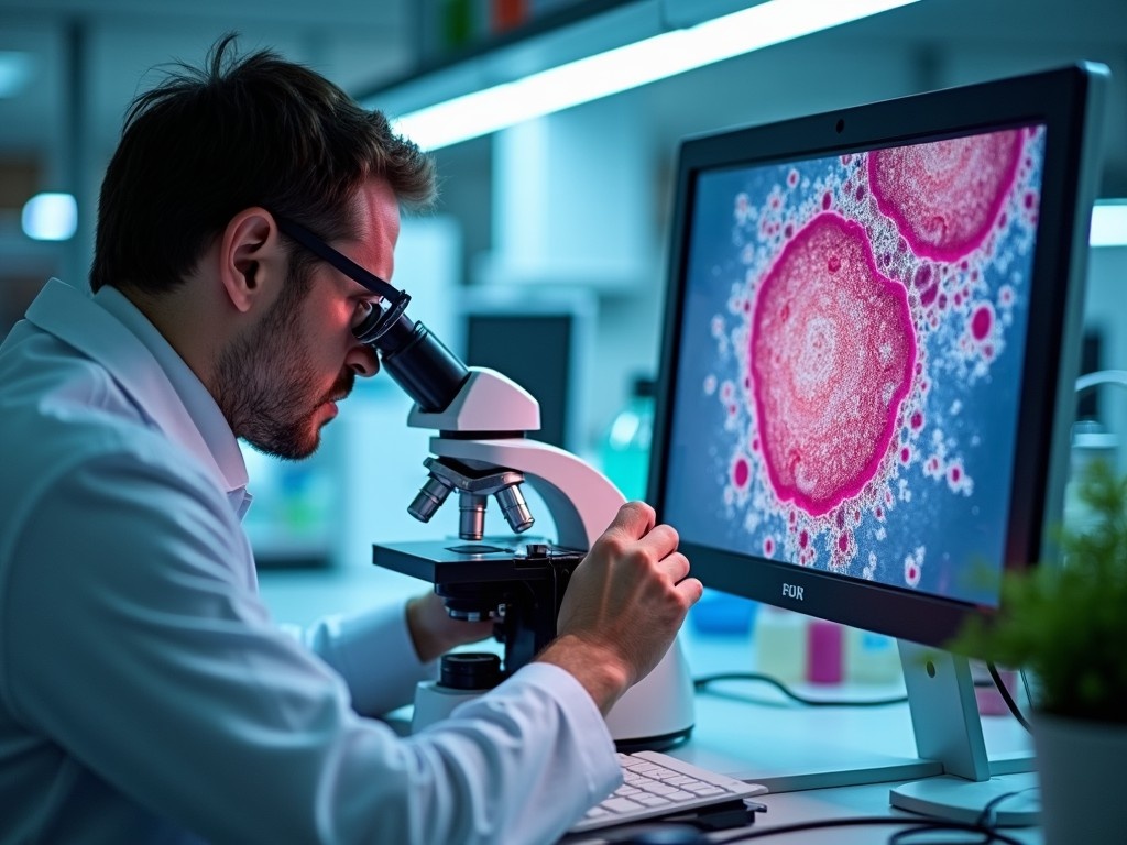 A scientist is focused on examining a specimen under a microscope. Beside him, a digital screen showcases magnified images of the sample. The lab environment is bright and filled with modern equipment. The scientist is wearing a lab coat and glasses, enhancing the professional atmosphere. This scene emphasizes the intersection of traditional research methods and modern technology in scientific exploration.