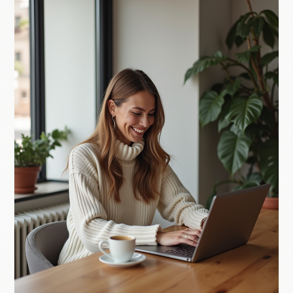 A woman in a beige turtleneck sweater types on a laptop in a sunny room with plants and a cup of coffee on the table.