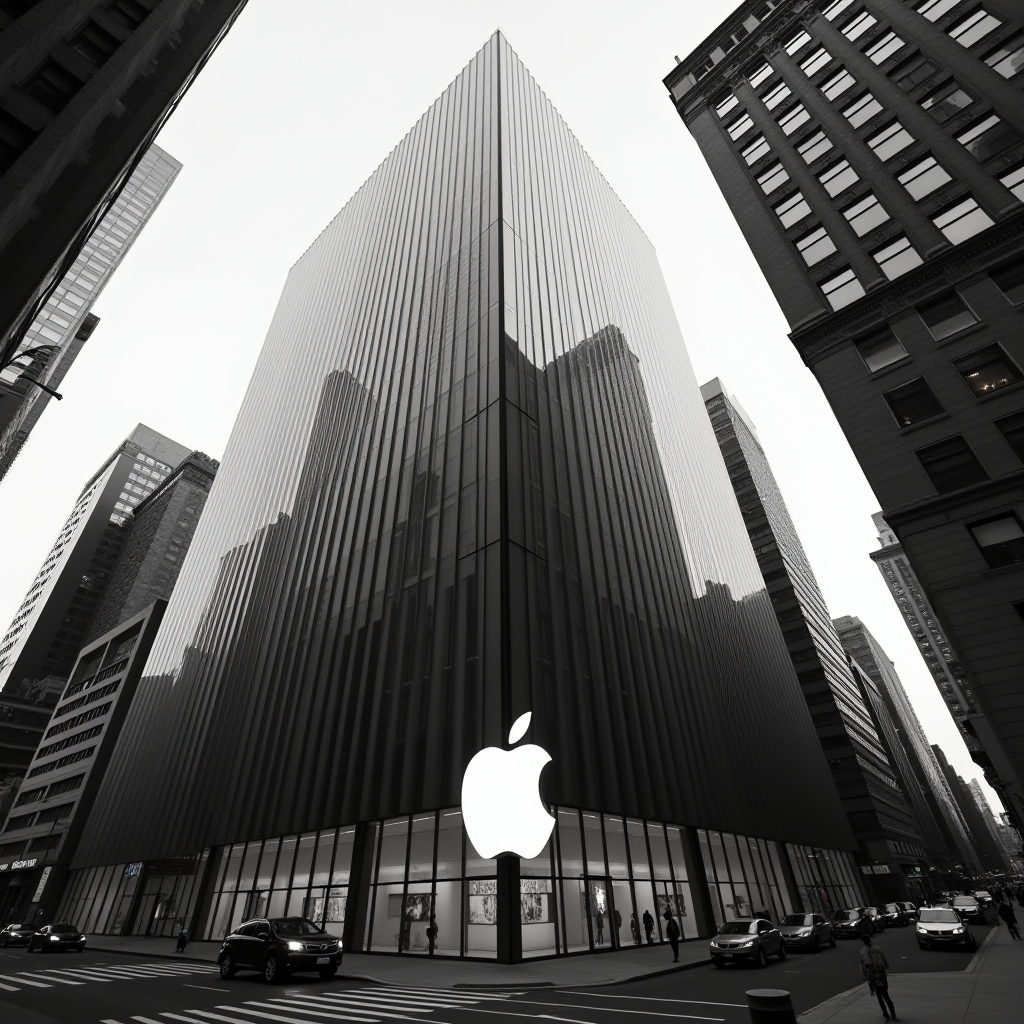 A tall, sleek building with a large logo, surrounded by city skyscrapers and traffic.