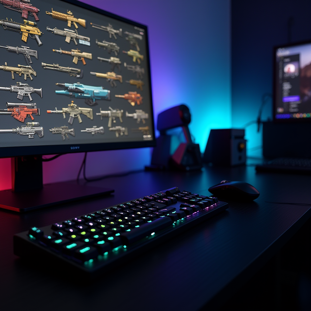 A sleek gaming setup features a monitor displaying virtual weapon skins, with a backlit keyboard and mouse set against a colorful, illuminated backdrop.