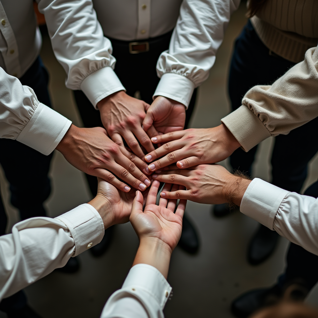 A group of people wearing white shirts gather with hands stacked together, symbolizing teamwork and collaboration.