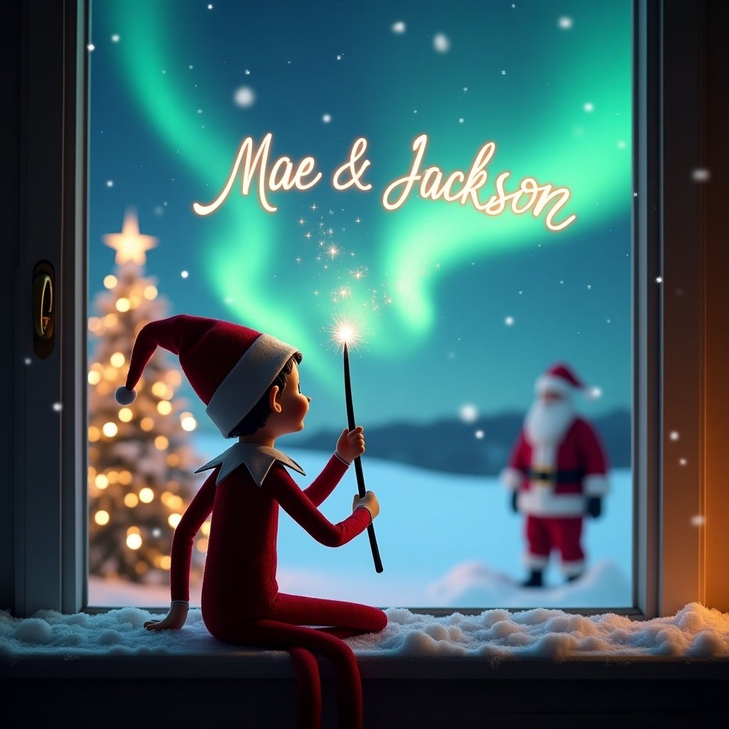 An enchanting Christmas scene features an elf on the shelf with his back to the viewer, gazing up at a magical sky. The elf is using a wand to elegantly write the names 'Mae' and 'Jackson' in the air. In the background, the landscape is illuminated by beautiful northern lights and adorned with a Christmas tree sparkling with lights. Santa Claus is visible in the distance, creating a whimsical and festive atmosphere. Snow gently covers the window ledge, adding to the cozy feel of the scene.