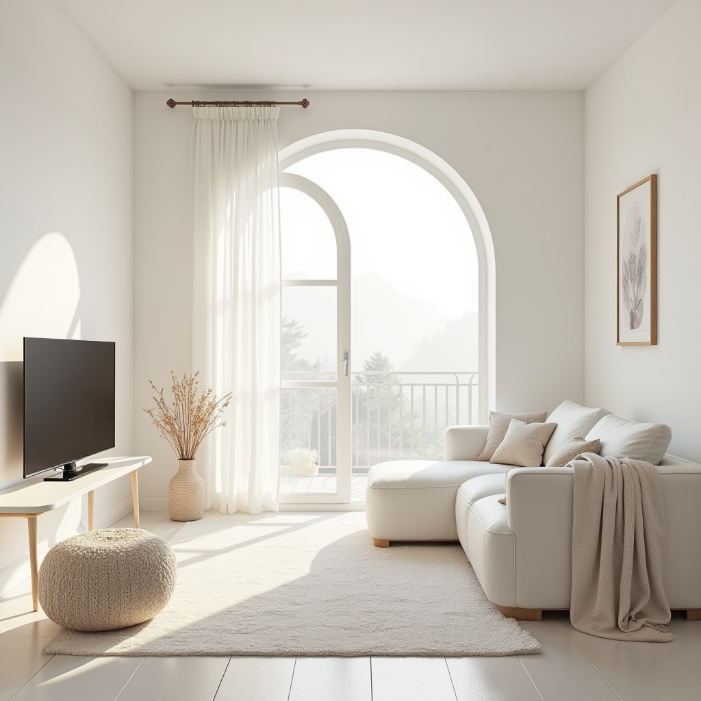 A bright living room with white furniture, large window, and soft natural light.