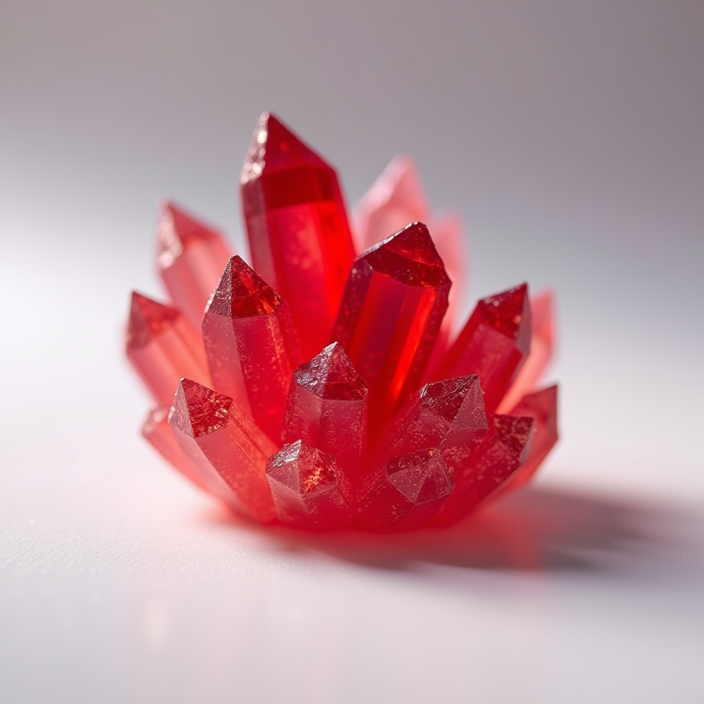 The image features a cluster of vibrant red crystals, artfully arranged with pointed ends protruding in various directions. Each crystal exhibits a translucent quality, allowing light to pass through and create a luminescent effect. The surfaces appear glossy, capturing the gloss and reflections of their surroundings. The background is softly focused, highlighting the stunning detail and vivid color of the crystals, and adding to their jewel-like appearance.