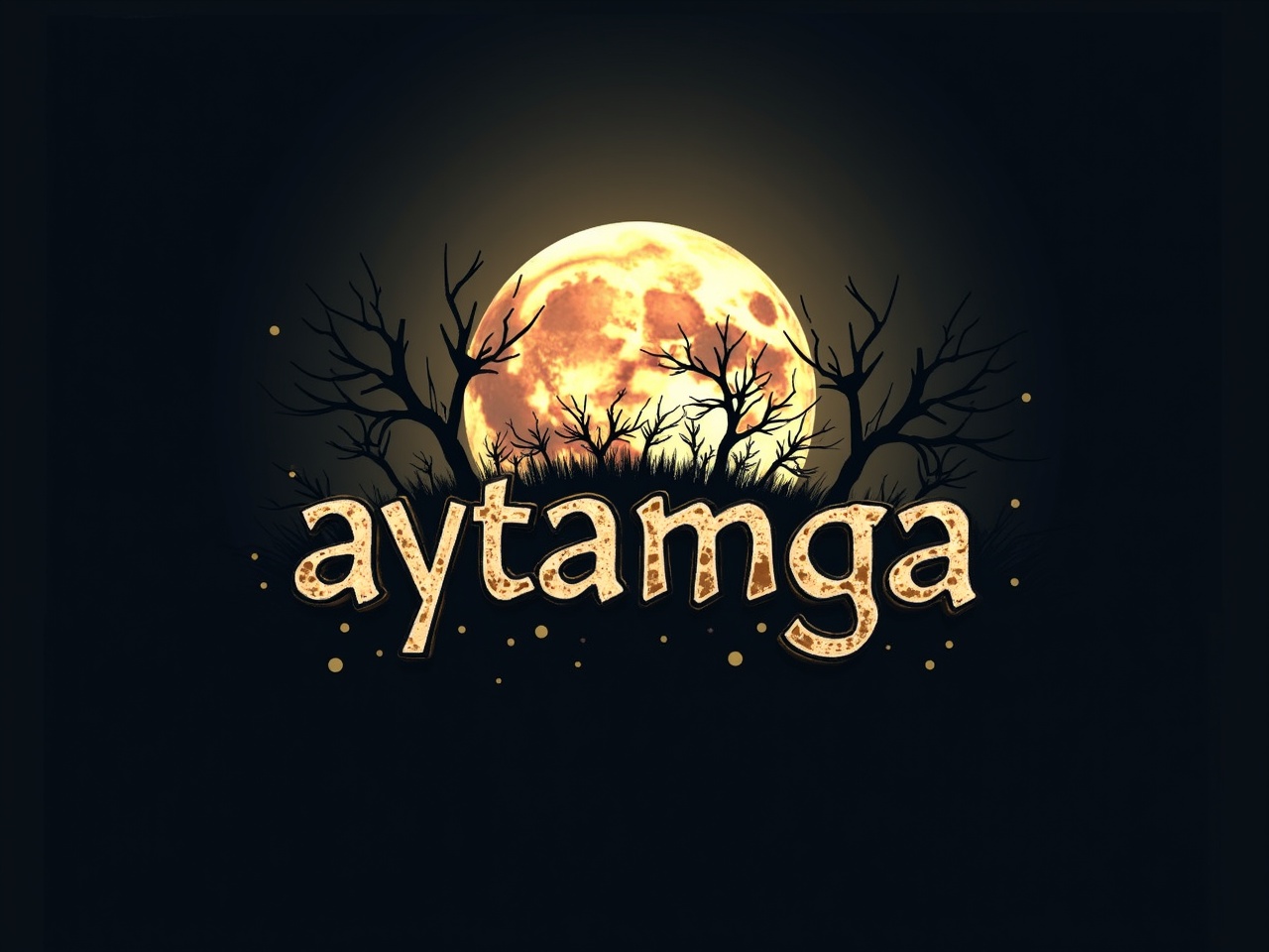 The logo design features the word 'aytamga' prominently displayed at the center, styled with a rough, spooky texture. Behind the text, a large, full moon shines brightly, casting an eerie yellow glow. Dark, twisted branches extend towards the moon, adding to the horror theme. The background is a deep black, enhancing the contrast with the moon and text. The overall design emphasizes a haunting yet captivating aesthetic suitable for a horror game.