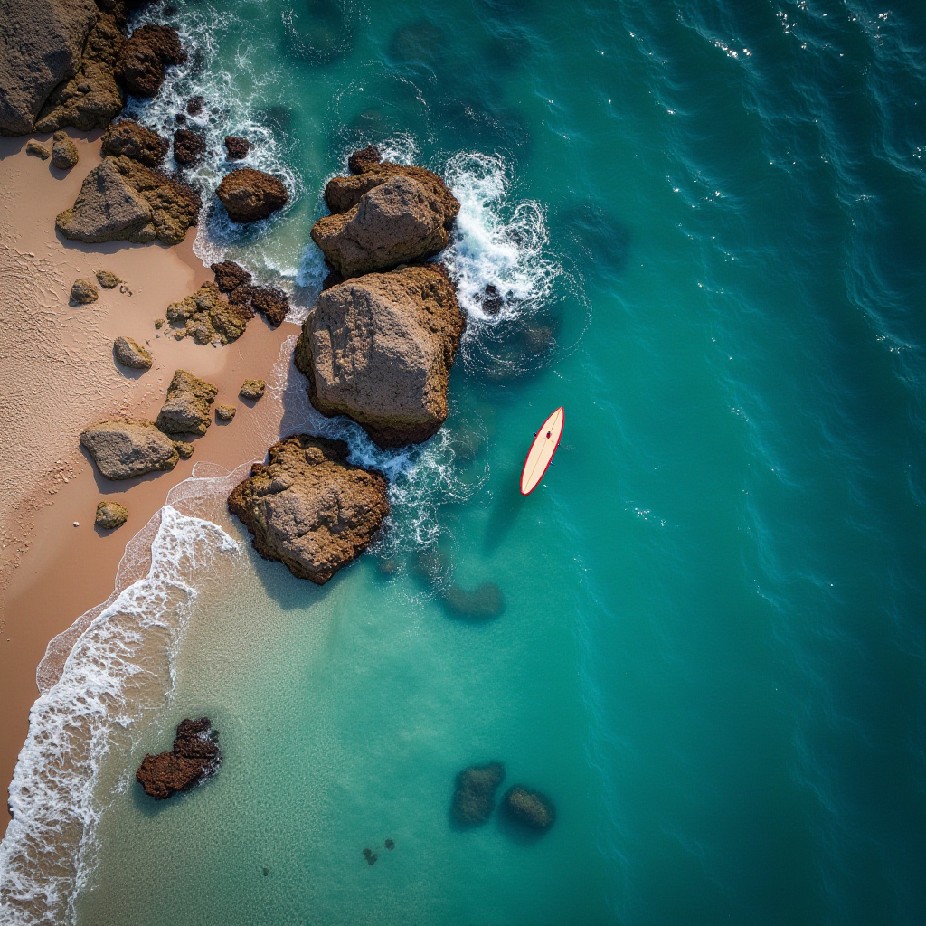 A vibrant aerial view of a rocky beach with turquoise waves gently lapping against the shore, featuring a solitary red paddleboard floating nearby.