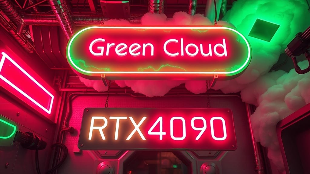 The image features vibrant neon signs reading 'Green Cloud' and 'RTX 4090' against a backdrop of industrial pipes and faux clouds, creating a cyberpunk aesthetic. The vivid red and green neon lights illuminate the scene, adding a playful yet futuristic vibe. The contrasting colors highlight the elements, fostering a sense of modern technology and innovation.