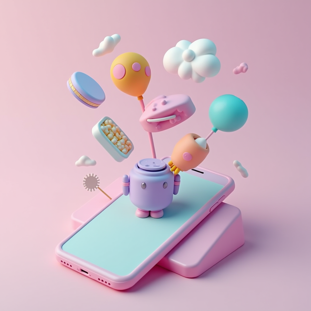 A colorful, playful robot figurine and various floating objects emerge from a smartphone against a pastel pink background.