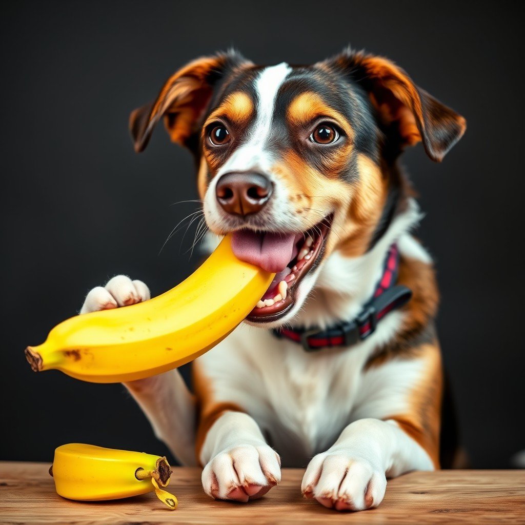 A cheerful dog playfully holding a banana in its mouth.