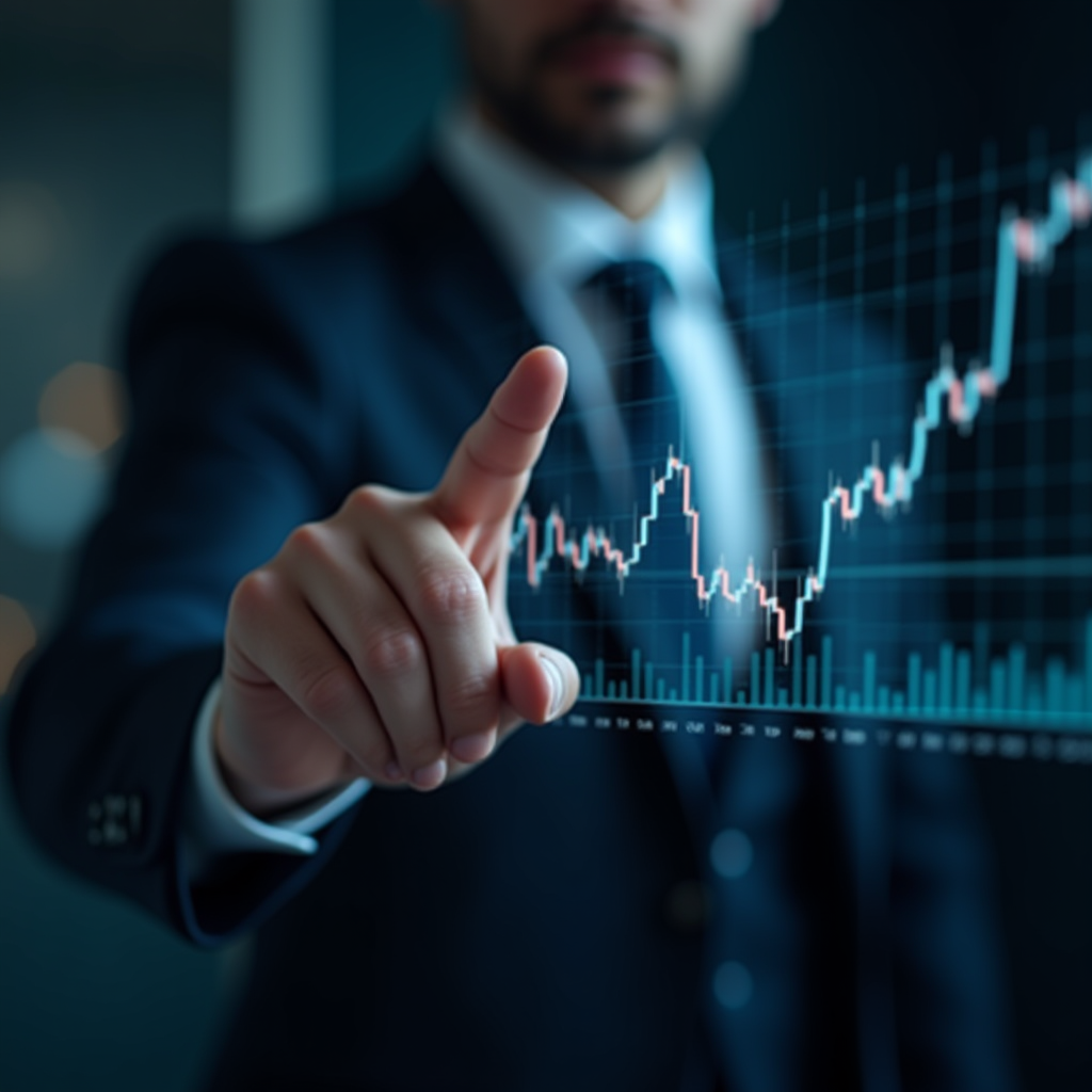 A person in a suit is pointing at a glowing financial graph.