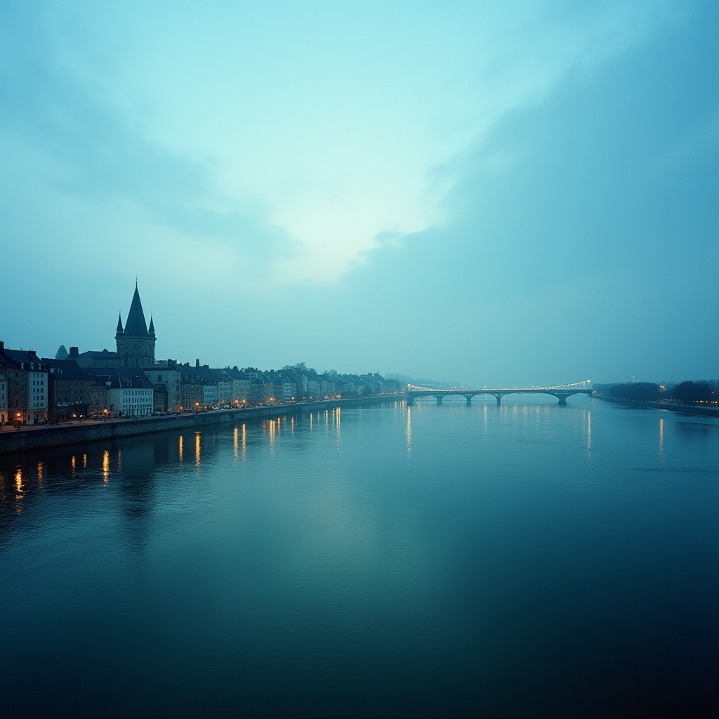 A serene view of a river with soft lighting and a bridge in the distance, under a cloudy twilight sky.