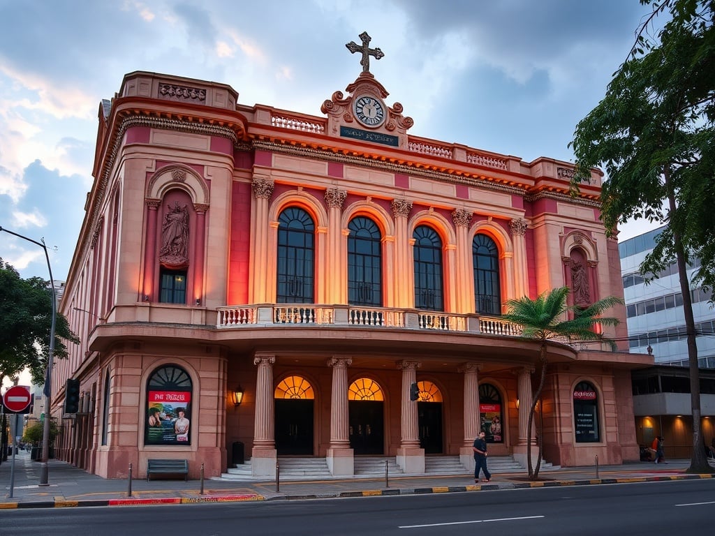 A grand, illuminated classical-style theater building with large arched windows and columns at sunset.