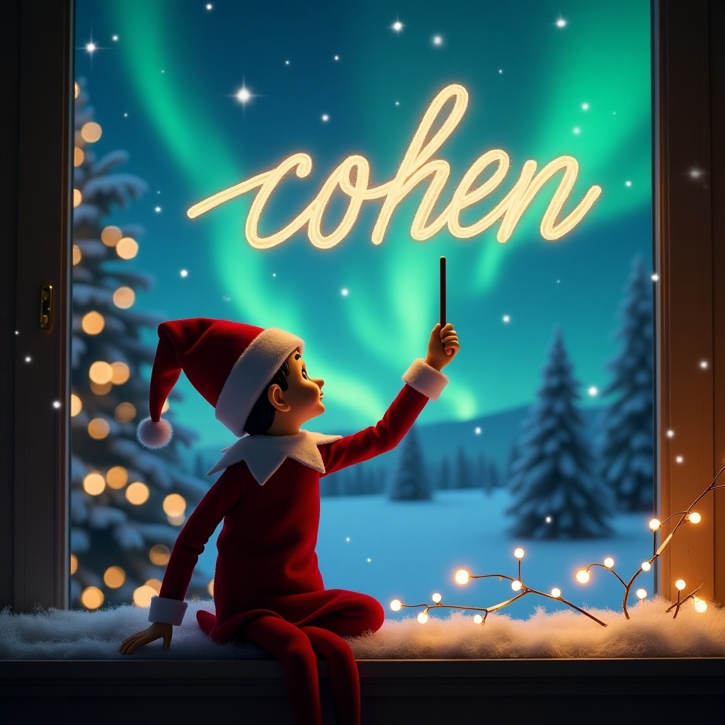 The image features an elf on the shelf with its back to the viewer, gazing up at the sky. The elf is in a festive red outfit with a pointed hat. It holds a magical wand and is writing the name 'Cohen' in elegant cursive against a stunning backdrop of northern lights. The window depicts a cozy winter landscape filled with snow-covered trees and twinkling holiday lights. This enchanting scene captures the spirit of Christmas magic. The atmosphere is warm and inviting, perfect for the holiday season.