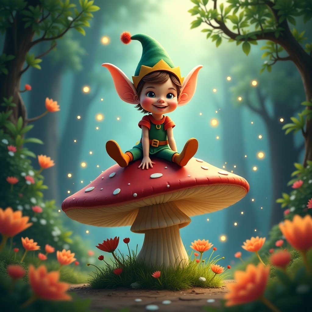 A cheerful elf with large ears and a jester hat sits on a giant red mushroom in a magical forest. The scene is filled with vibrant flowers and soft, glowing lights in the background. Sunlight filters through the trees, creating a whimsical atmosphere. The elf looks joyful and playful, appealing to children and families. This setting evokes a sense of wonder and imagination, inviting the viewer into a fairytale world.