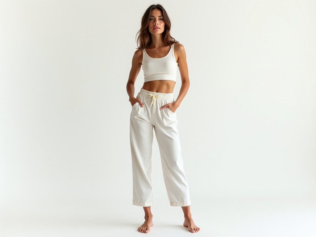 A woman standing confidently in a minimalist studio, wearing a white crop top and relaxed pants, with her hands in her pockets and barefoot, exuding a sense of calm and confidence.