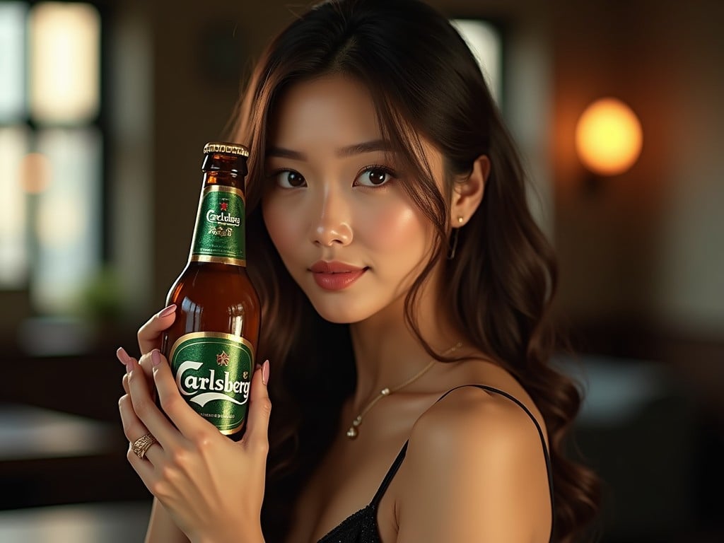 A woman in a bar holds a drink up to her face, exuding a lively and vibrant atmosphere.