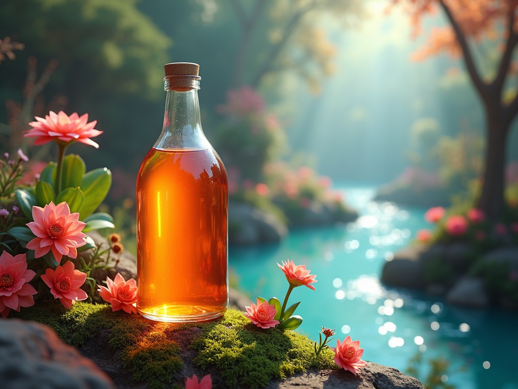 A glass bottle filled with amber liquid sits atop a lush, moss-covered rock surrounded by vibrant pink flowers. Sunlight gently filters through the trees, casting a warm glow across the scene, while a serene, blue-tinted river meanders softly in the background. The image evokes a sense of tranquility and connection with nature.