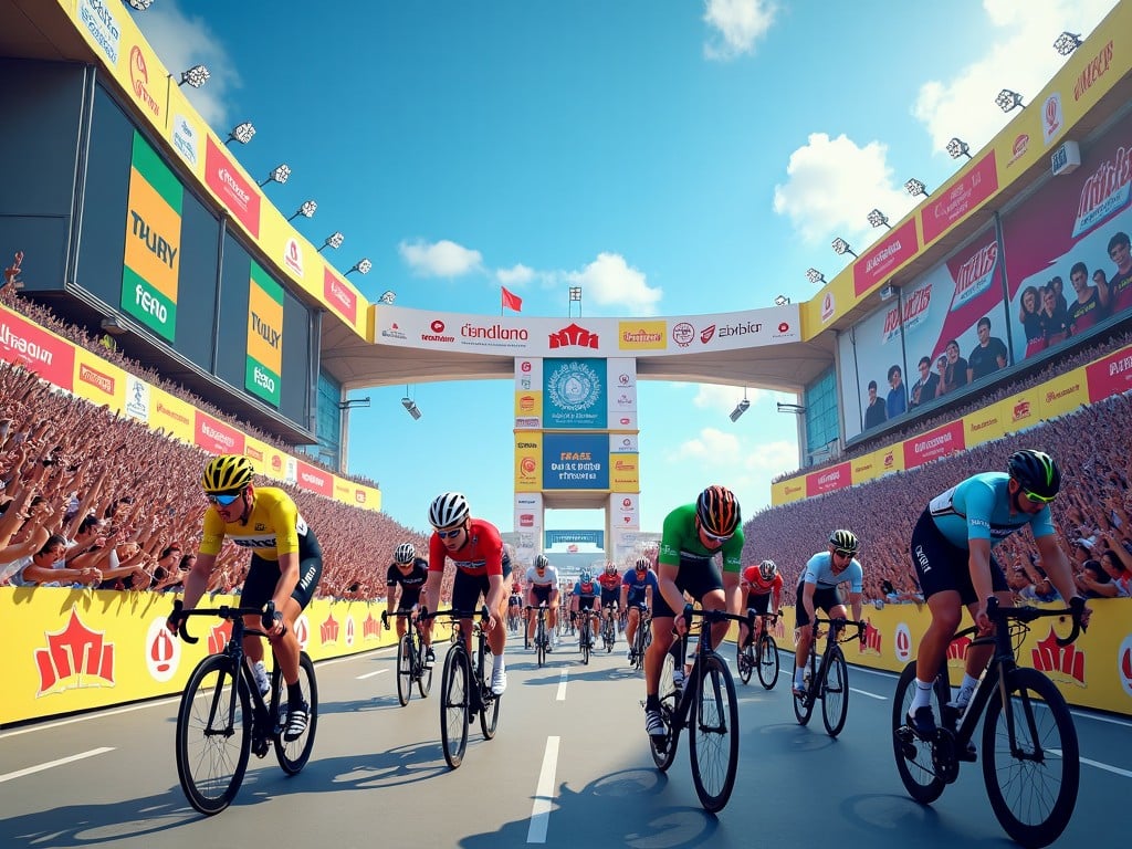 Create an image of a U-turn in a cycling championship with advertising banners. The scene showcases cyclists racing towards the finish line surrounded by enthusiastic spectators. Bright colors dominate the setting, with vibrant yellow and red banners promoting sponsors. The atmosphere is filled with excitement and competition. Cyclists are depicted in various jerseys, pushing their limits as they embark on this crucial part of the race. The composition is dynamic and captures the intensity of a major sporting event.