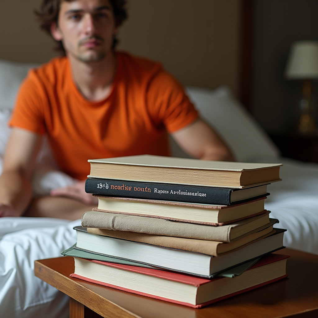 A stack of books sits in the foreground with a man in an orange shirt sitting on a bed behind them.